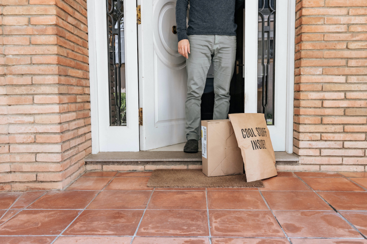 Guy locked at home during Coronavirus quarantine picking deliveries at home front door avoiding contact with delivery person.